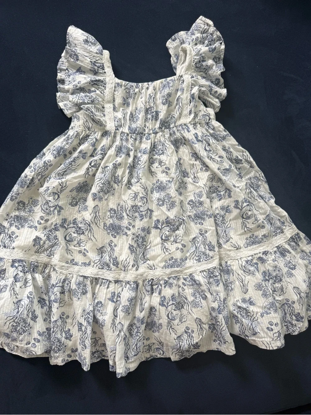 Girls Ruffled Sundress in White with Blue mermaids